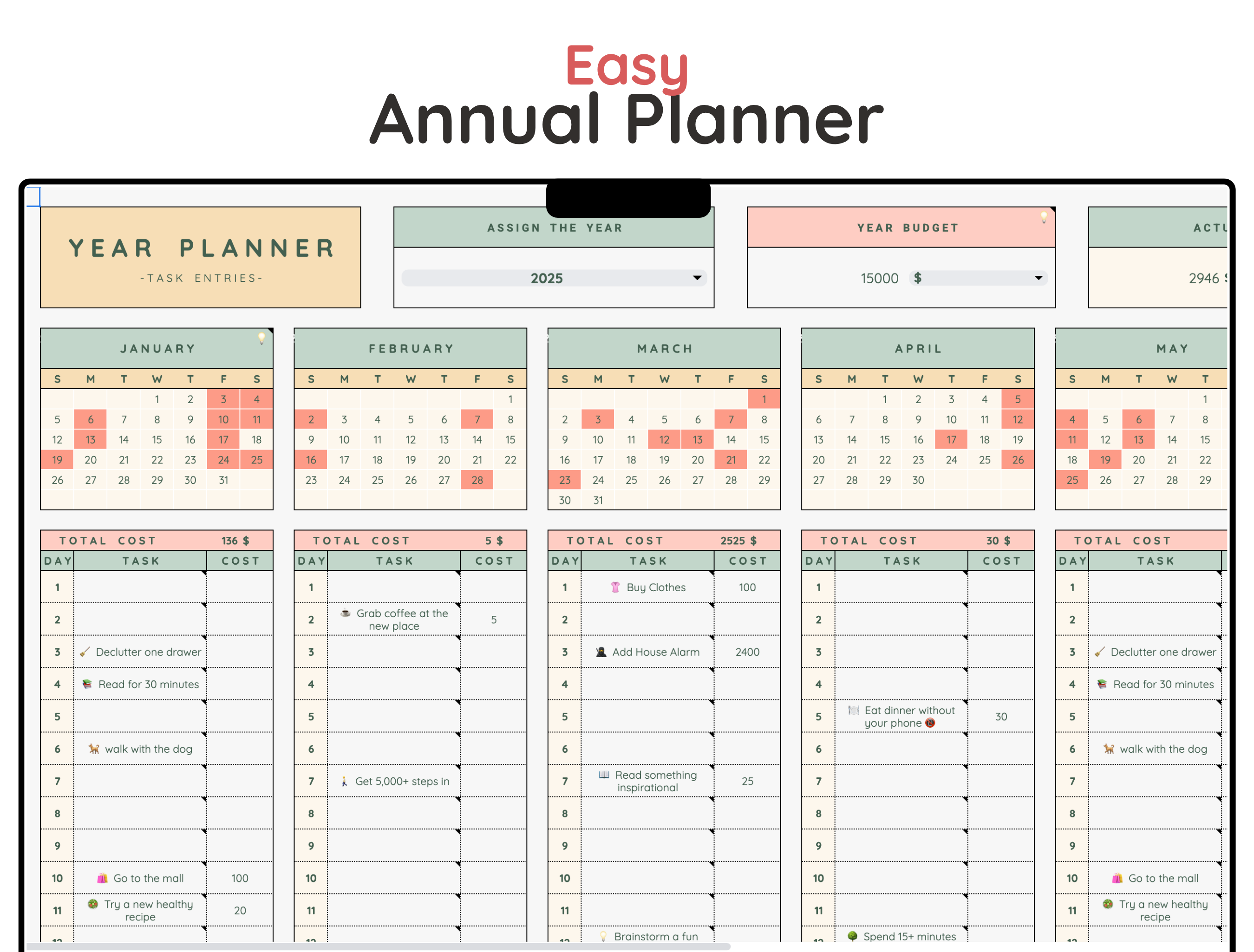 Easy Annual Task Planner - Digital Download Spreadsheet Template