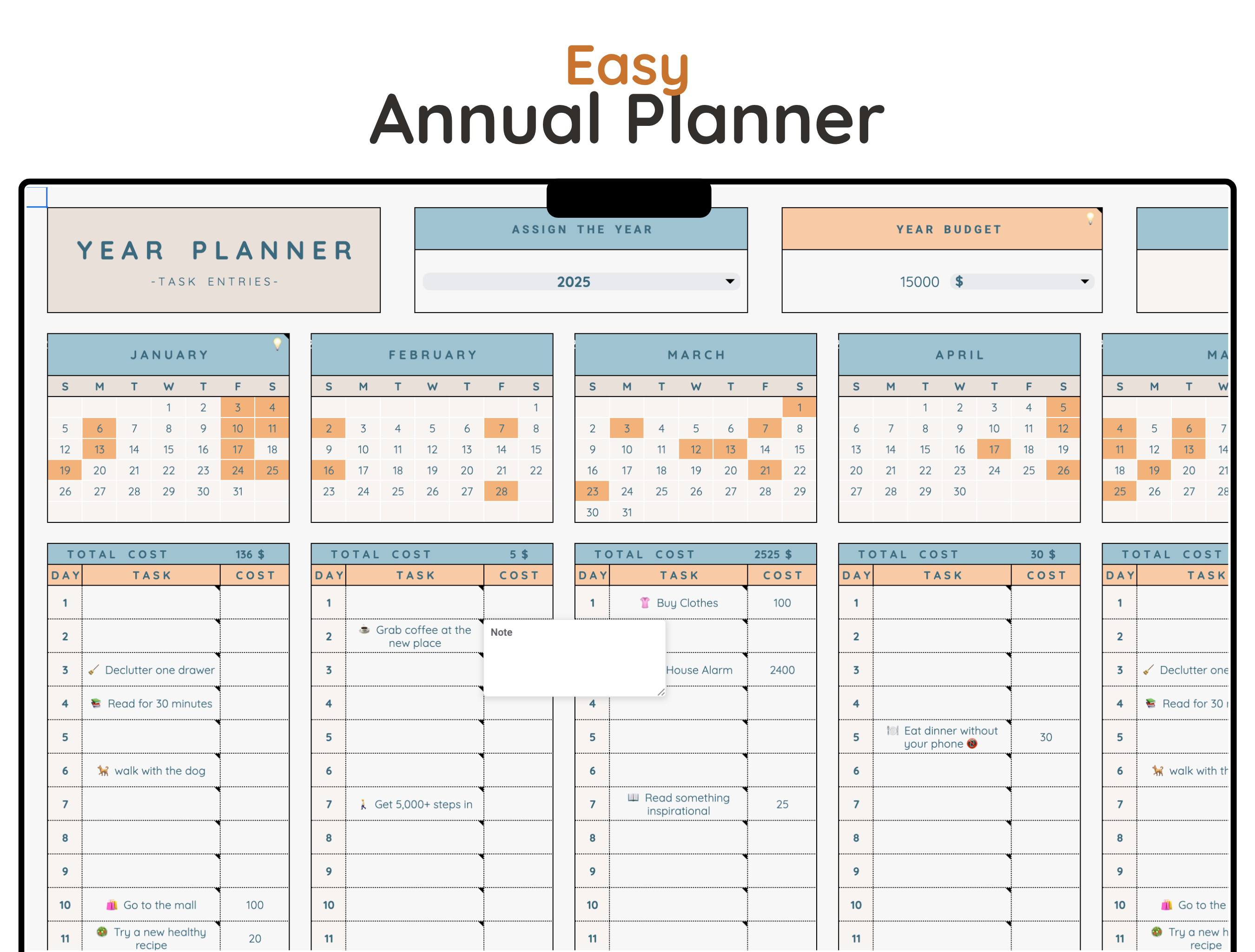Easy Annual Task Planner - Digital Download Spreadsheet Template