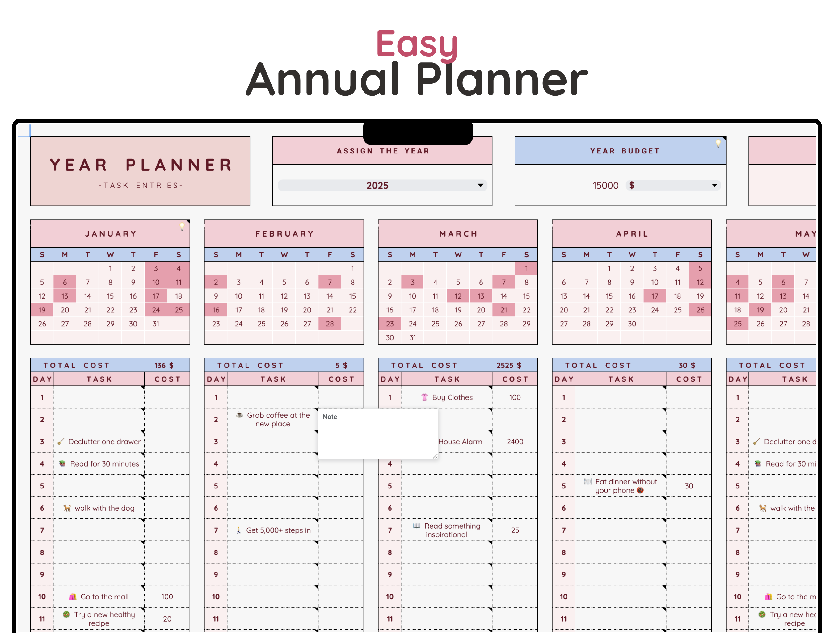 Easy Annual Task Planner - Digital Download Spreadsheet Template
