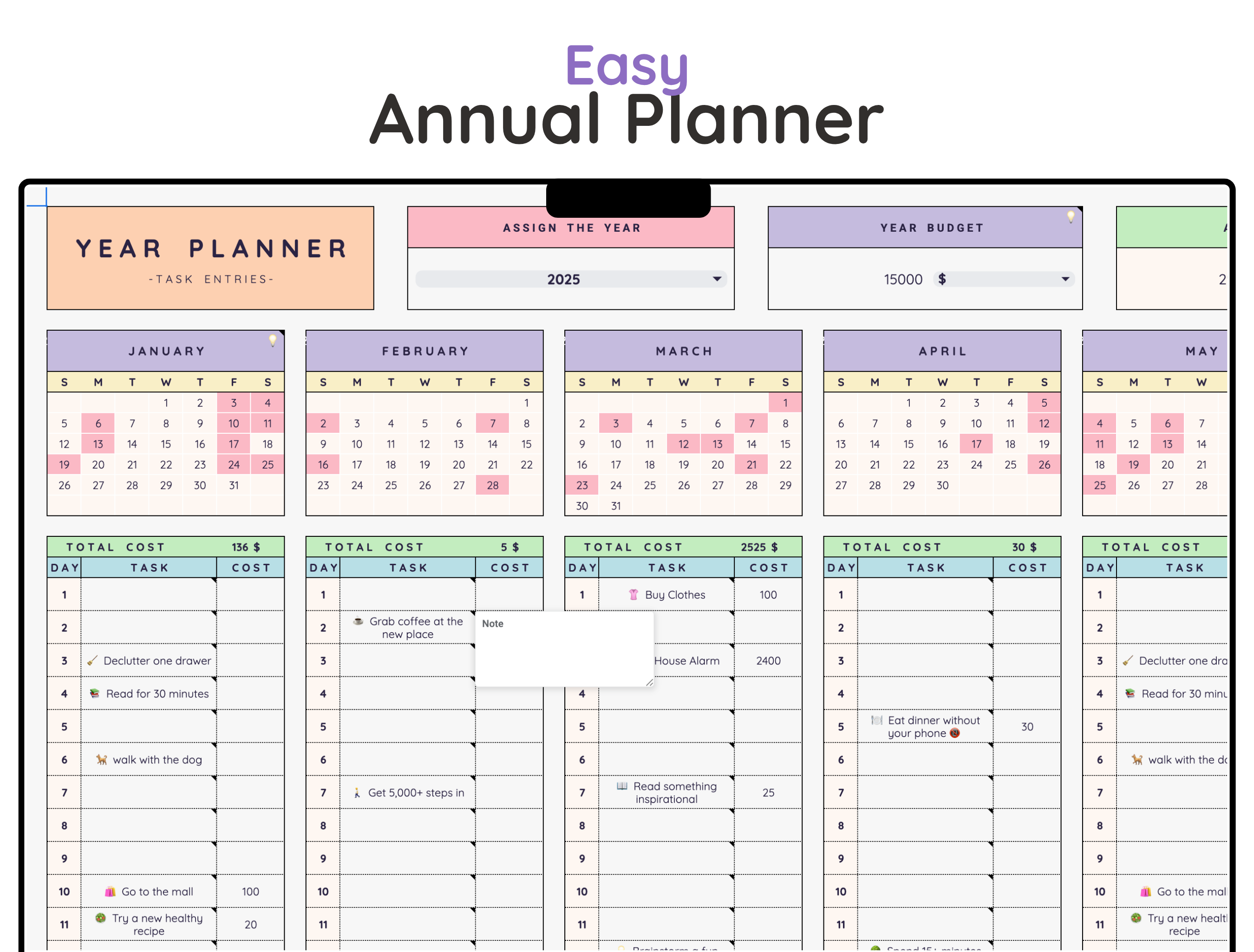 Easy Annual Task Planner - Digital Download Spreadsheet Template