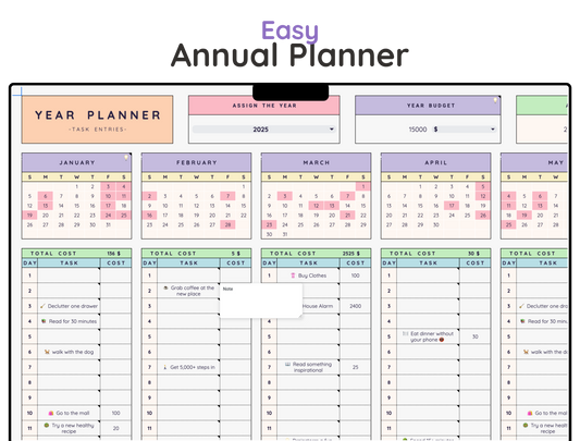 Easy Annual Task Planner - Digital Download Spreadsheet Template