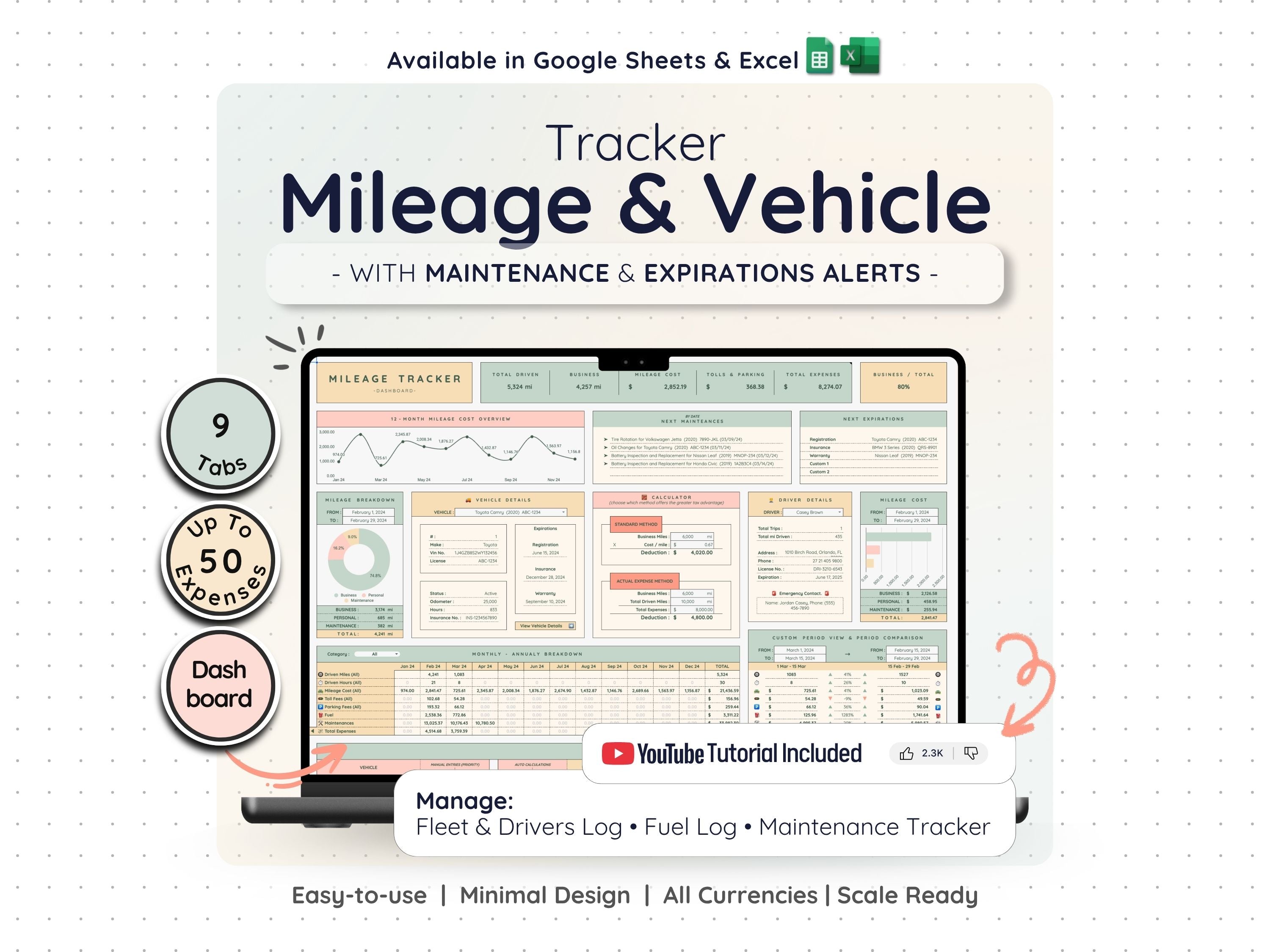 Mileage & Vehicle Expense Tracker Spreadsheet – Business Log