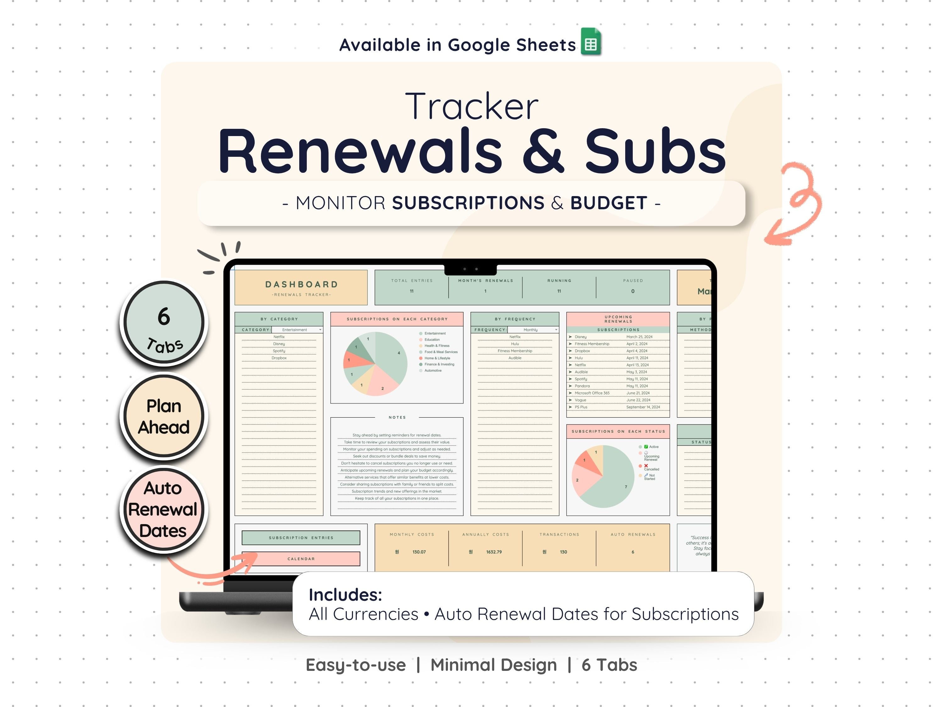 Subscription Tracker Spreadsheet – Bill & Renewal Reminder Planner