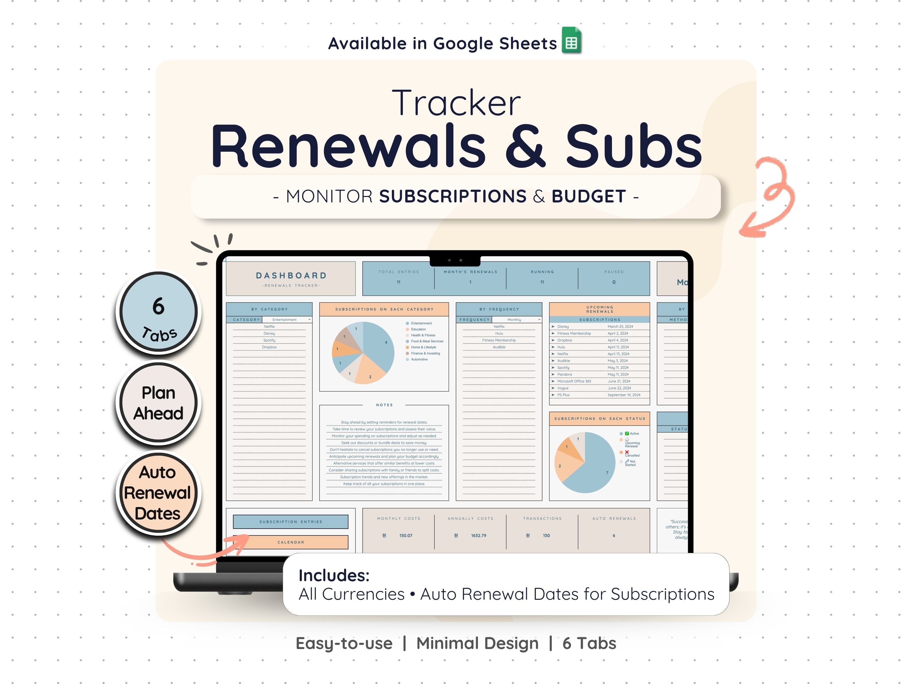 Subscription Tracker Spreadsheet – Bill & Renewal Reminder Planner