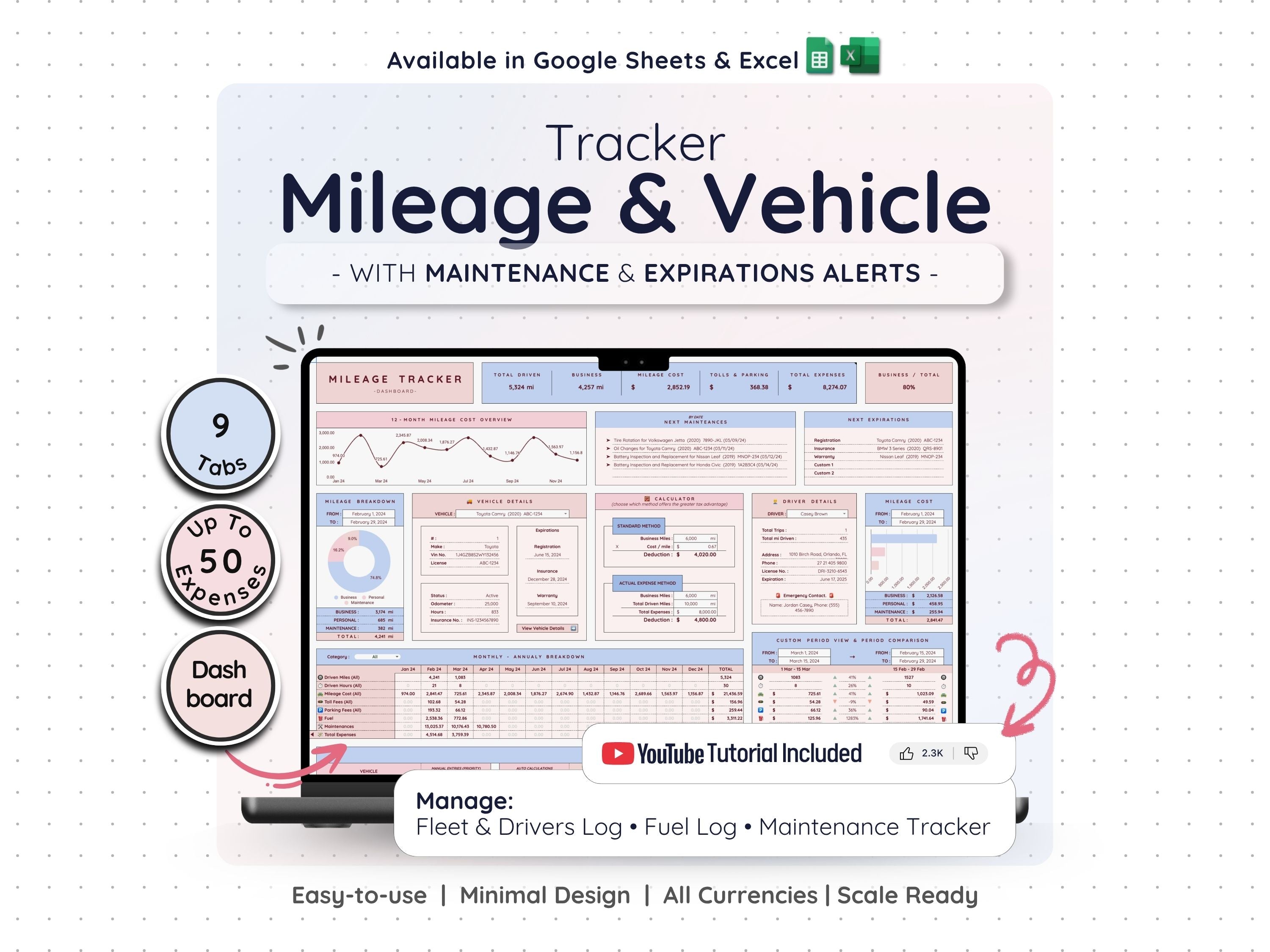 Mileage & Vehicle Expense Tracker Spreadsheet – Business Log