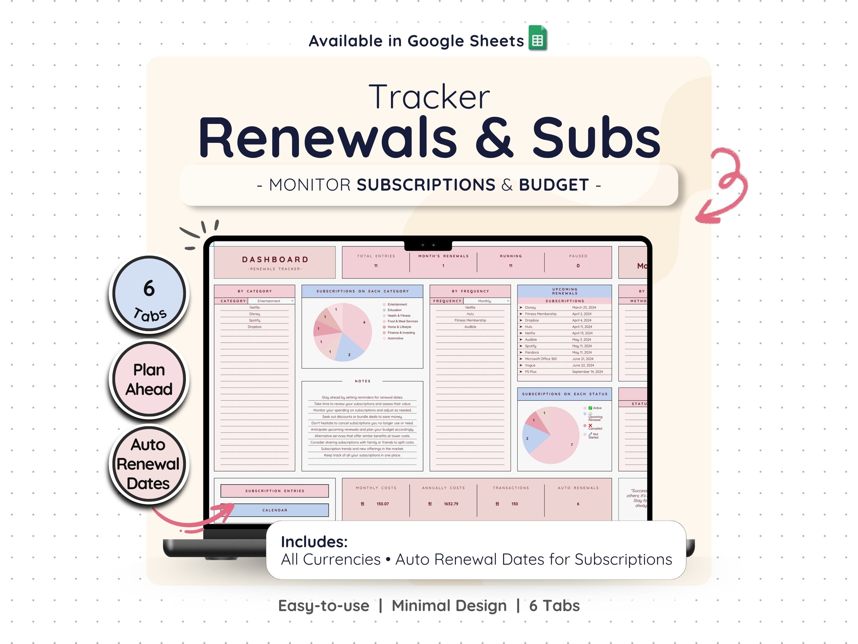 Subscription Tracker Spreadsheet – Bill & Renewal Reminder Planner
