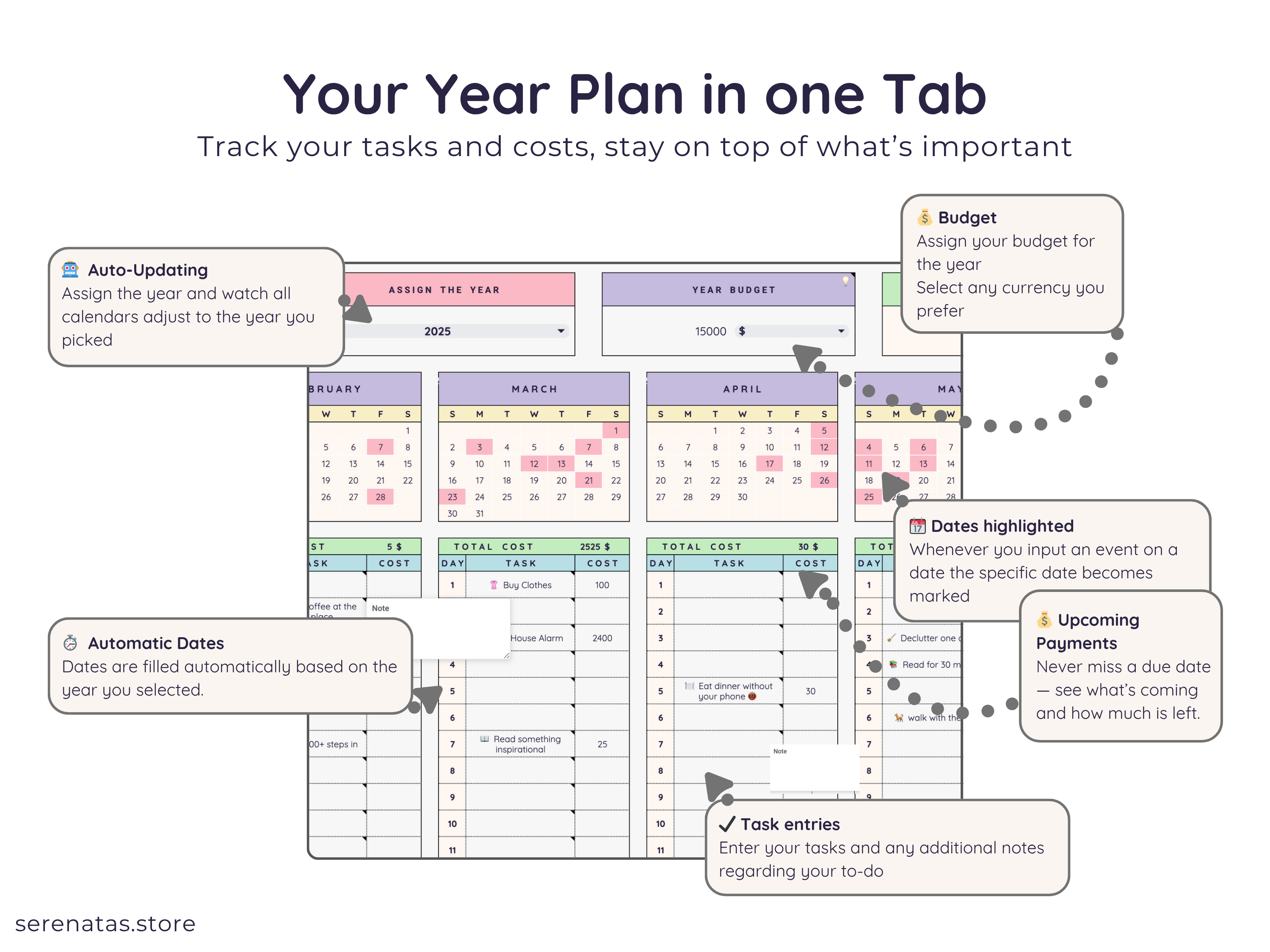 Easy Annual Task Planner - Digital Download Spreadsheet Template