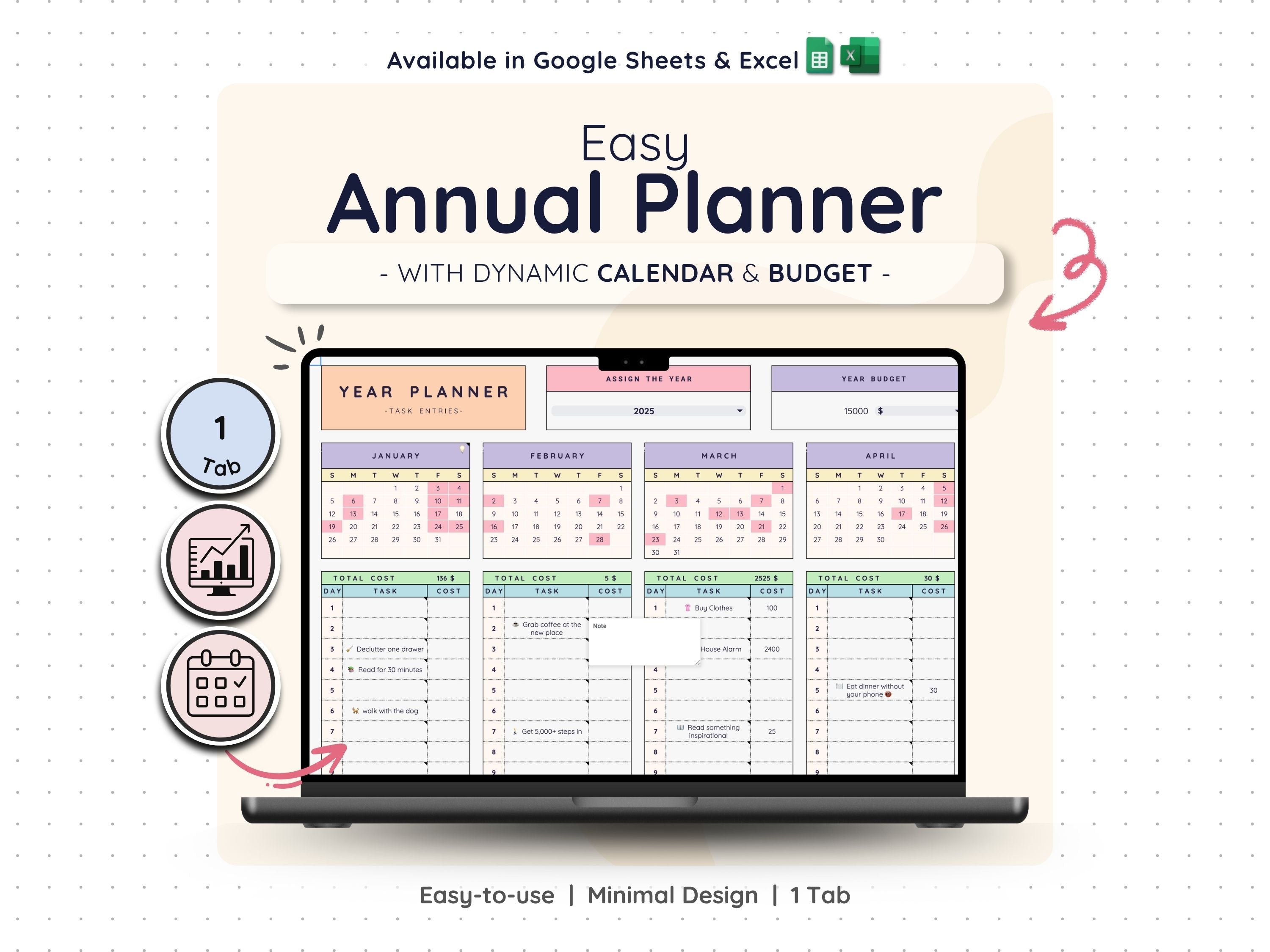 Annual Task Planner Spreadsheet – Yearly Goal & Project Tracker