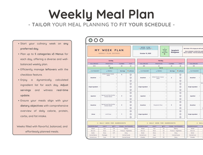 Weekly Meal Planner Spreadsheet – Menu & Grocery List Template
