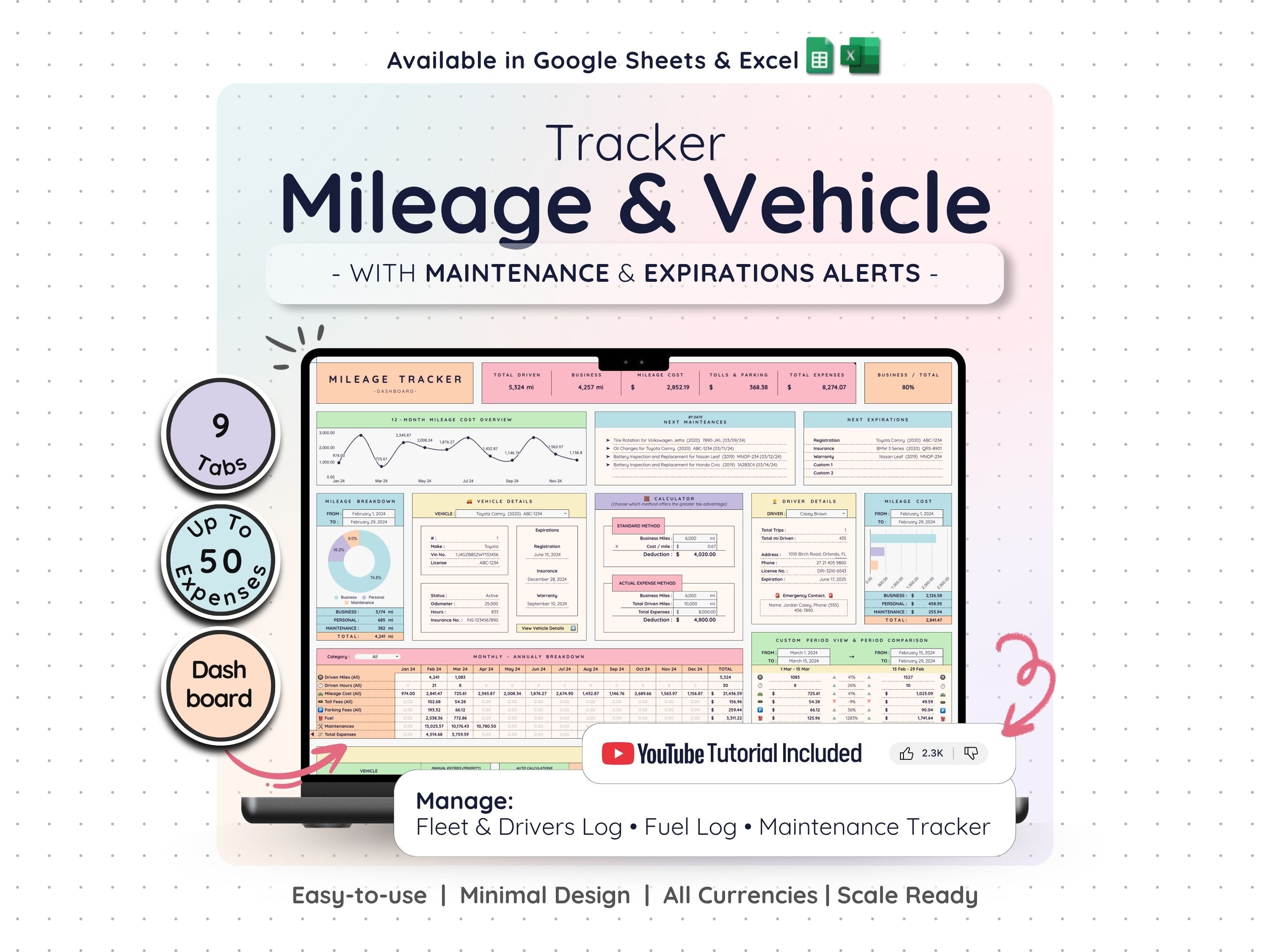 Mileage & Vehicle Expense Tracker Spreadsheet – Business Log