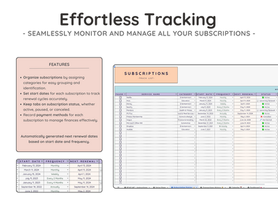 Subscription Tracker Spreadsheet – Bill & Renewal Reminder Planner